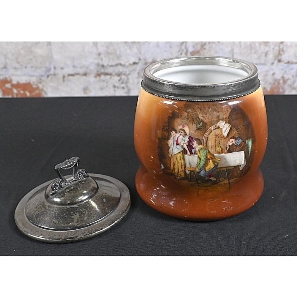 Antique Victorian German Porcelain Tobacco Jar Humidor Pub Scene Rust Brown